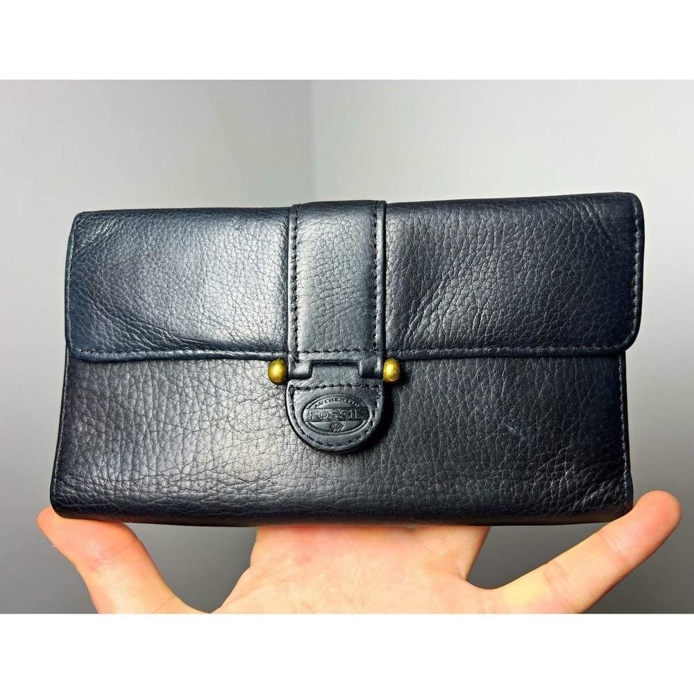 Vtg Fossil Black Leather Checkbook Wallet w/Zip Pocket, Snap Strap & ID Window
